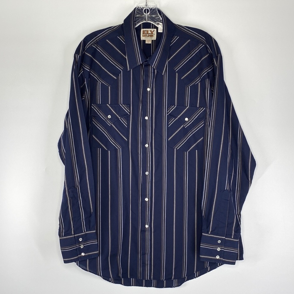 Ely Cattleman Western Cowboy Button Up Navy Blue Pearl Snap Shirt Size Large